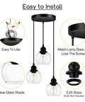 Three Light Pendant Light With Clear Glass Shades, Matte Black Finish, Adjustable Height Industrial Retro Ceiling Hanging Lamp