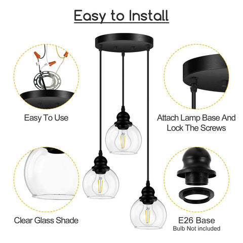 Three Light Pendant Light With Clear Glass Shades, Matte Black Finish, Adjustable Height Industrial Retro Ceiling Hanging Lamp