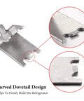 Close-up of Eight Piece Stainless Steel Refrigerator Shelf Clips Replacement Rack Buckles with dovetail design.
