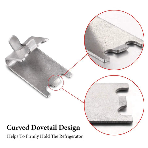 Close-up of Eight Piece Stainless Steel Refrigerator Shelf Clips Replacement Rack Buckles with dovetail design.