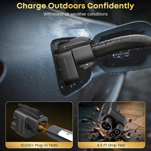 Hit The Road Today With This Heavy Duty Nacs To Ccs1 Charging Adapter Delivering Five Hundred Amps And One Thousand Volts For Tesla V3 V4 Superchargers To Power Up Your Rig. Charging adapter in use on an EV with rain droplets.