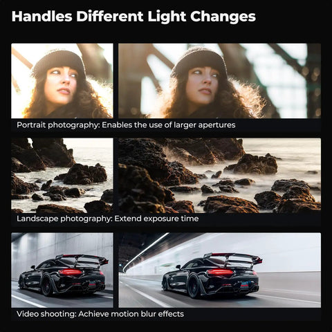 Portrait, landscape, car motion blur examples showing benefits of 82mm Variable ND Filter ND2-ND400 One To Nine Stops With 28 Layer Coatings And Pro Grade AGC Glass From Japan For Ultra Clear Shots Reduced Reflections Smooth Gradients And Cinematic Brightness Control NanoX Series