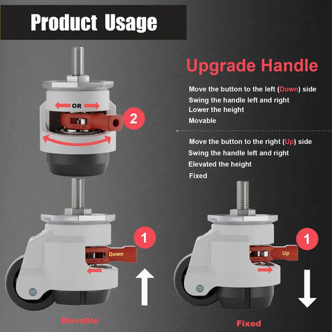 Heavy Duty Leveling Casters With Ratchet Handle Set Of Four Height Adjustable Industrial Retractable Wheels Built Tough For The Daily Grind showing usage instructions.