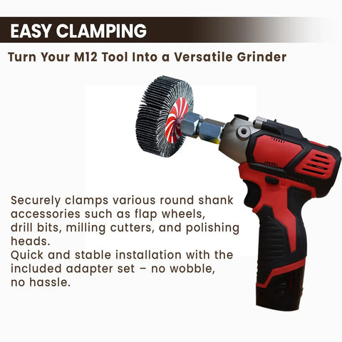 M9 Threaded Collet Adapter For M12 Polishers And Sanders With Dual Collets One Quarter Inch And One Eighth Inch on tool with flap disc