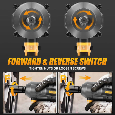 Half Inch Cordless Impact Wrench with Brushless Motor showing forward and reverse switch for tightening and loosening
