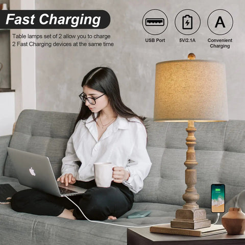 Vintage Farmhouse USB Table Lamps Set Of 2, 27.75 Inch Resin Bedside Nightstand Lamps With Dual USB Ports And Rotary Switch, Dope Vintage Vibe For Living Room And Bedroom Decor