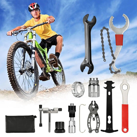 10 Piece Bike Repair Tool Kit for Mountain Biking Pro Grade Cycling Maintenance Set shown with cyclist and tools on background