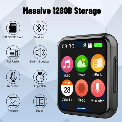 128GB MP3 Player With Bluetooth 5.3, Dope Portable Digital Lossless Music Player With Built-In Speaker, icons displayed on screen