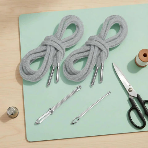 Get Your Shorts Back On Track With This Sweet Drawstring Replacement Cord Kit Featuring Rock Solid Metal Aglets And A Nifty Threader For Hassle Free Repairs On Hoodies Pants And Waistbands In Light Blue.