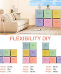 Six Cube Storage Organizer With Fabric Bins And Wire Grid Shelves Stackable Modular Units For Bedroom Living Room And Office Go To For Toys Books And Clothes Foldable Bins With Handles In Fresh White shown with colorful bins and dimensions, placed in a living room setting.
