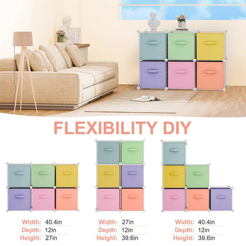 Six Cube Storage Organizer With Fabric Bins And Wire Grid Shelves Stackable Modular Units For Bedroom Living Room And Office Go To For Toys Books And Clothes Foldable Bins With Handles In Fresh White shown with colorful bins and dimensions, placed in a living room setting.
