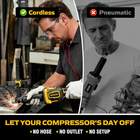Killer Hella Sick Cordless Die Grinder designed to drop straight into your DeWalt 20V Max battery rig in use grinding metal.