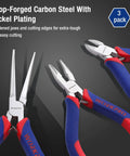 Mini Pliers Set 3-Piece Handy Tool Kit With 4 Inch Diagonal Pliers, 5 Inch Long Nose Pliers, And 6 Inch Needle Nose Pliers on display