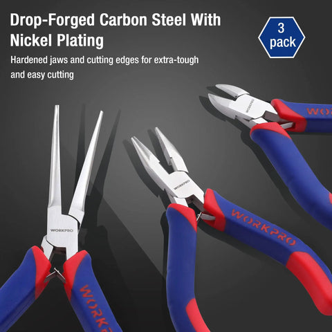 Mini Pliers Set 3-Piece Handy Tool Kit With 4 Inch Diagonal Pliers, 5 Inch Long Nose Pliers, And 6 Inch Needle Nose Pliers on display
