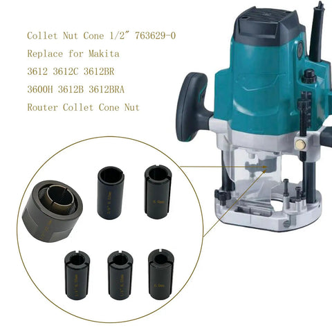 Collet Nut Cone Set For Router, Heavy Duty Half Inch Nut With Mixed Collets 6.0mm, 6.35mm One Quarter Inch, 8.0mm, Fits 3612 Series