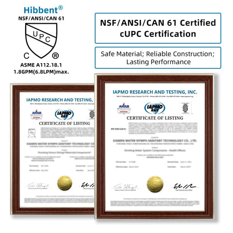 NSF/ANSI/CAN 61 Certified cUPC certifications for quality assurance and safe materials in plumbing components.