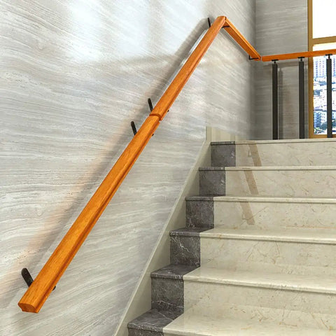 Heavy Duty Wood Stair Handrail With Tough Wrought Iron Brackets For Secure Grip And Hassle Free Wall Mount 600cm Support Bar mounted on stairs.