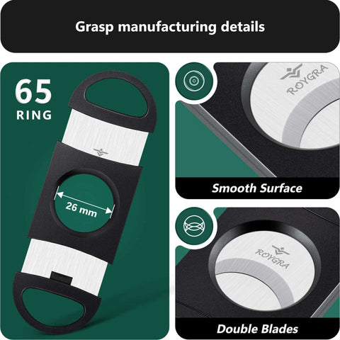 Front view of Roygra cigar cutter; guillotine style, black plastic body with 26 mm opening and double blades.