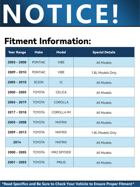 Fitment information chart for Pair Front Wheel Bearing Replacement Kit For Toyota Celica 2000-2005, Corolla 2003-2019, MR2 Spyder, more