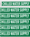 25 Pack Chilled Water Pipe Markers Vinyl Label Decals White On Green 14 Inch Long By 2 Inch High 1 1/4 Inch Letter Size Bulk For Factories And Labs Durable Weather Resistant Vinyl For Easy Identification Across Large Facilities. Green vinyl chilled water supply pipe markers, 14 x 2 in, stacked decals