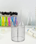 Heavy Duty Stainless Steel Parts Washing Basket With Comfort Handle Built Like A Tank For Ultrasonic Cleaners And Industrial Cleanup Filters Heavy Grease Runs Great next to colorful test tubes and lab equipment.
