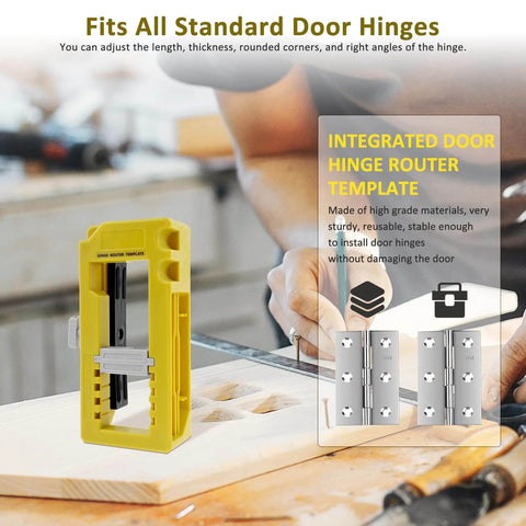 Pro Grade Door Hinge Mortise Jig Kit With Self Centering Drill Bits on workbench, includes router template for hinges