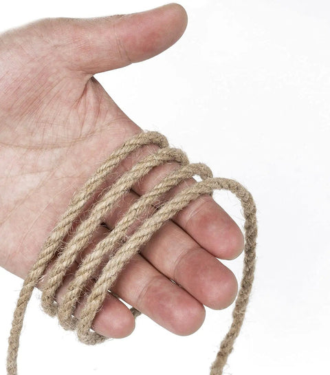 Rugged 5mm Natural Jute Twine Heavy Duty Rope, 328 Feet, Boss Grade for DIY Crafts held in hand, showing texture and thickness.