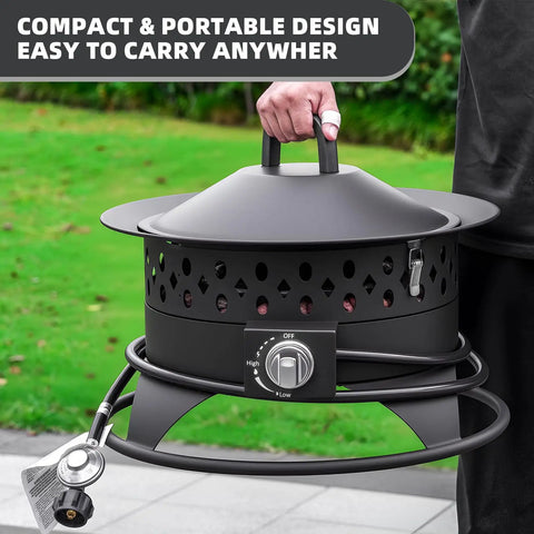 Person holding 20 Inch Outdoor Fire Pit With Grill, Smokeless Propane Burner Delivers 60000 BTU Heat, Adjustable Flame