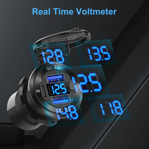 All In One Marine Power Panel With USB PD3 And Dual QC3 Ports 150W Lighter Socket Voltmeter display close-up