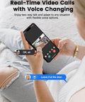 Person using smartphone for real-time video call with voice changing feature, holding phone displaying call screen interface.