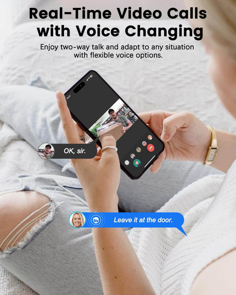 Person using smartphone for real-time video call with voice changing feature, holding phone displaying call screen interface.