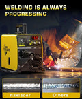 160 Amp 110V Multi Purpose MIG TIG Stick Welder 4 In 1 with display, cables, and worker welding metal