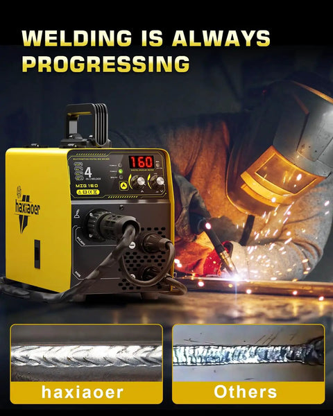 160 Amp 110V Multi Purpose MIG TIG Stick Welder 4 In 1 with display, cables, and worker welding metal