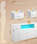 White Dresser TV Stand For 45 To 55 Inch TVs With LED Lighting And Charging Station 8 Fabric Drawers size dimensions