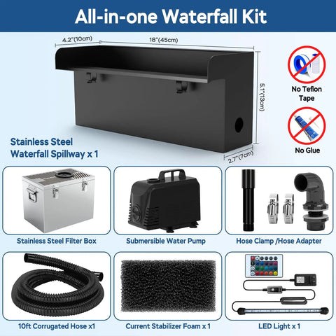 All-In-One Pond Waterfall Kit With LED Light, 18-Inch Stainless Steel Spillway, components, submersible pump, filter box
