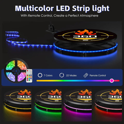 360 Spin Photo Booth With Ring Light And RGB Lighting, showcasing multicolor LED strip light and remote control features.