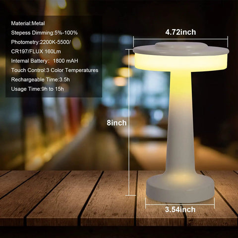 Two Pack Nightstand Lamps With Sensor Control And USB Charging displayed with dimensions and light features on wooden table