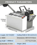 Professional Heavy Duty Electric Conduit And Automatic Heat Shrink Tube Cutter With A Beefy 300 Watt Motor Serving Up 6000 Crisp Cuts Per Hour And A Built In Cooling Fan For Bald Knuckle Free Workdays with dimensions and control panel.