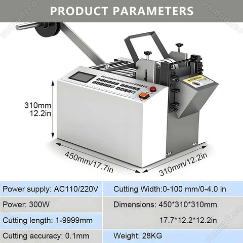 Professional Heavy Duty Electric Conduit And Automatic Heat Shrink Tube Cutter With A Beefy 300 Watt Motor Serving Up 6000 Crisp Cuts Per Hour And A Built In Cooling Fan For Bald Knuckle Free Workdays with dimensions and control panel.