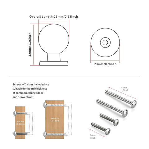 Diagram and dimensions of 10 Pack 1 Inch Vintage Antique Brass Ball Knob Set For Cabinets And Drawers with screw sizes shown.