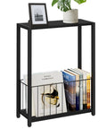Slim End Table With Magazine Holder And Iron Storage Basket Quick Fix For Tight Squeeze And Tiny Pad Or Dorm Room Accent Furniture Solid Build And Easy Setup with black wood top and iron frame