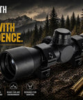 Compact 4x32 air rifle scope with Mil-Dot reticle for Crosman RepeatAir 1077, matte black finish, on outdoor background.