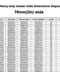 Heavy Duty 500 Lb Side Mount Drawer Slides For Industrial Cabinets With Locking Mechanism, 76mm Wide, Pair Included, Non Detachable Design, 0.77 Inch Clearance On Each Side For Smooth, Solid Drawer Operation. dimensions chart for 76mm wide slides and 500 lb load ratings