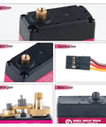 Wishiot RDS3218 20KG servo motor with pink housing and black top; brass output gear visible.