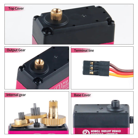 Wishiot RDS3218 20KG servo motor with pink housing and black top; brass output gear visible.