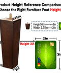 Size comparison of Six Inch Wood Furniture Legs Pack Of 4 Square Brown Sofa Couch Legs with credit card and measurements.