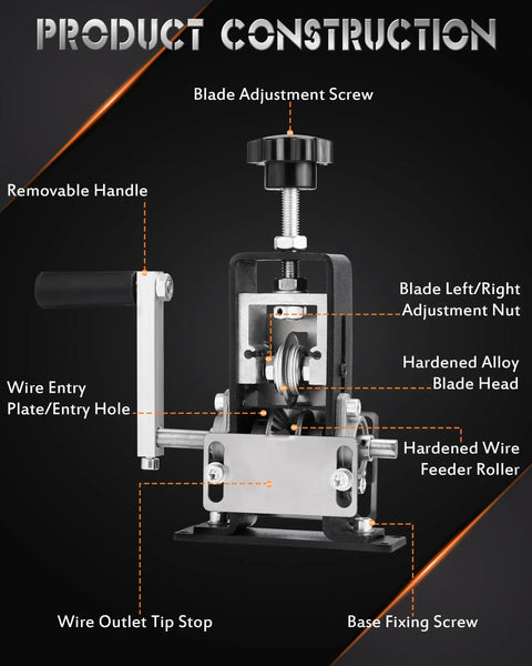 Diagram of Dual Power Wire Stripping Tool 2 In 1 Drill Powered And Hand Crank Wire Peeler For 1mm To 21mm Wires PVC And Copper Recycling DIY Cable Stripping For Scrap Copper Black showing components.