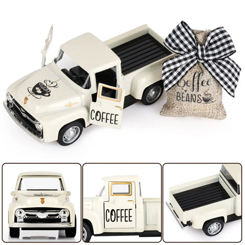 Dope Coffee Bar Truck Decor with metal diecast pickup, detachable burlap sack, and realistic coffee beans on display