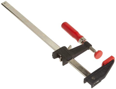 Clutch Style Bar Clamps 12 Inch 600 Lb Capacity, Ergonomic Handle, Non Marring Pads, Durable Cast Iron Jaws, Serrated Rail for Carpentry and Cabinetry, Heavy Duty Woodworking Clamp, red handle