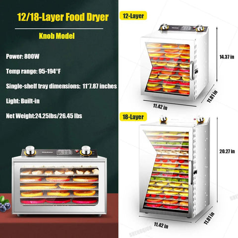 Hardcore Electric Food Dehydrator With 18 Stainless Steel Trays For Home And Commercial Use Featuring 360 Swirling Airflow And Precise Dial Thermostat.